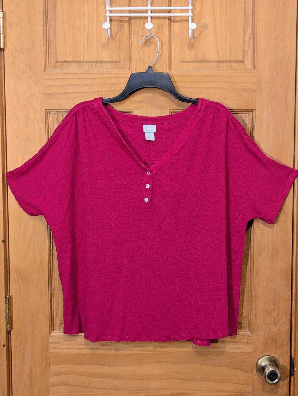 Chico’s Top Linen V Neck Purple Magenta Short Sleeve 4/XXL Boxy Slub Preppy Boho